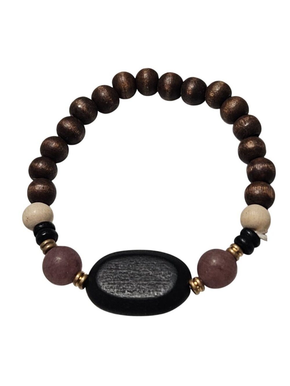 Boho Wood Bead Bracelet Natural Stone Accents Stretch Rustic Earthy Jewelry